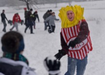 (Boston, MA) 02/05/14 A student dressed in a fries costume partakes in a "Snowbrawl" at the Charles River esplanade on Wednesday, February 5, 2014. Photo by Amanda Sabga.